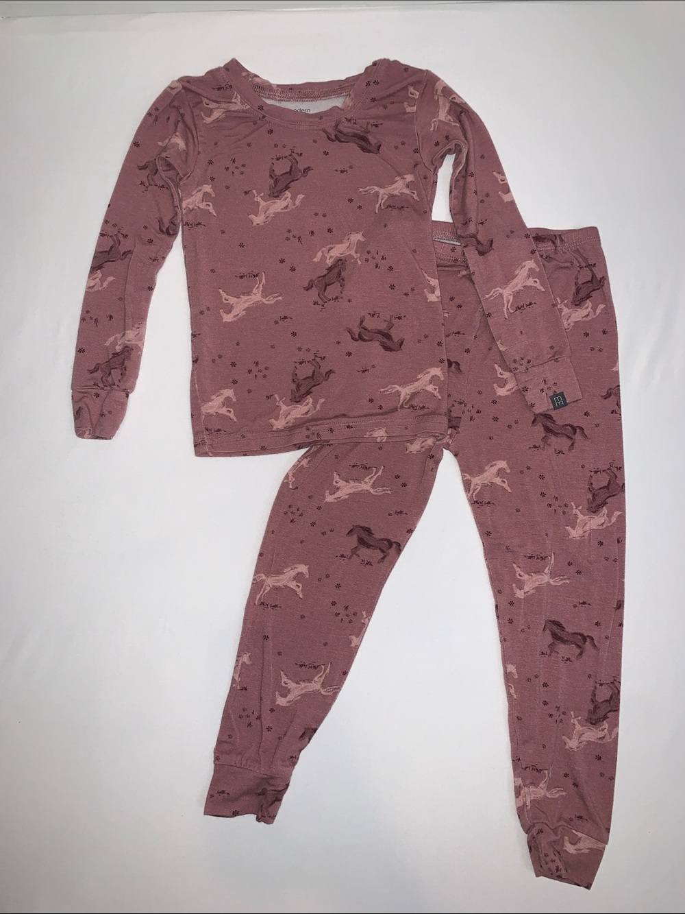 Girls' Long Sleeve Pajama Set in Dusty Rose with Horse Print
